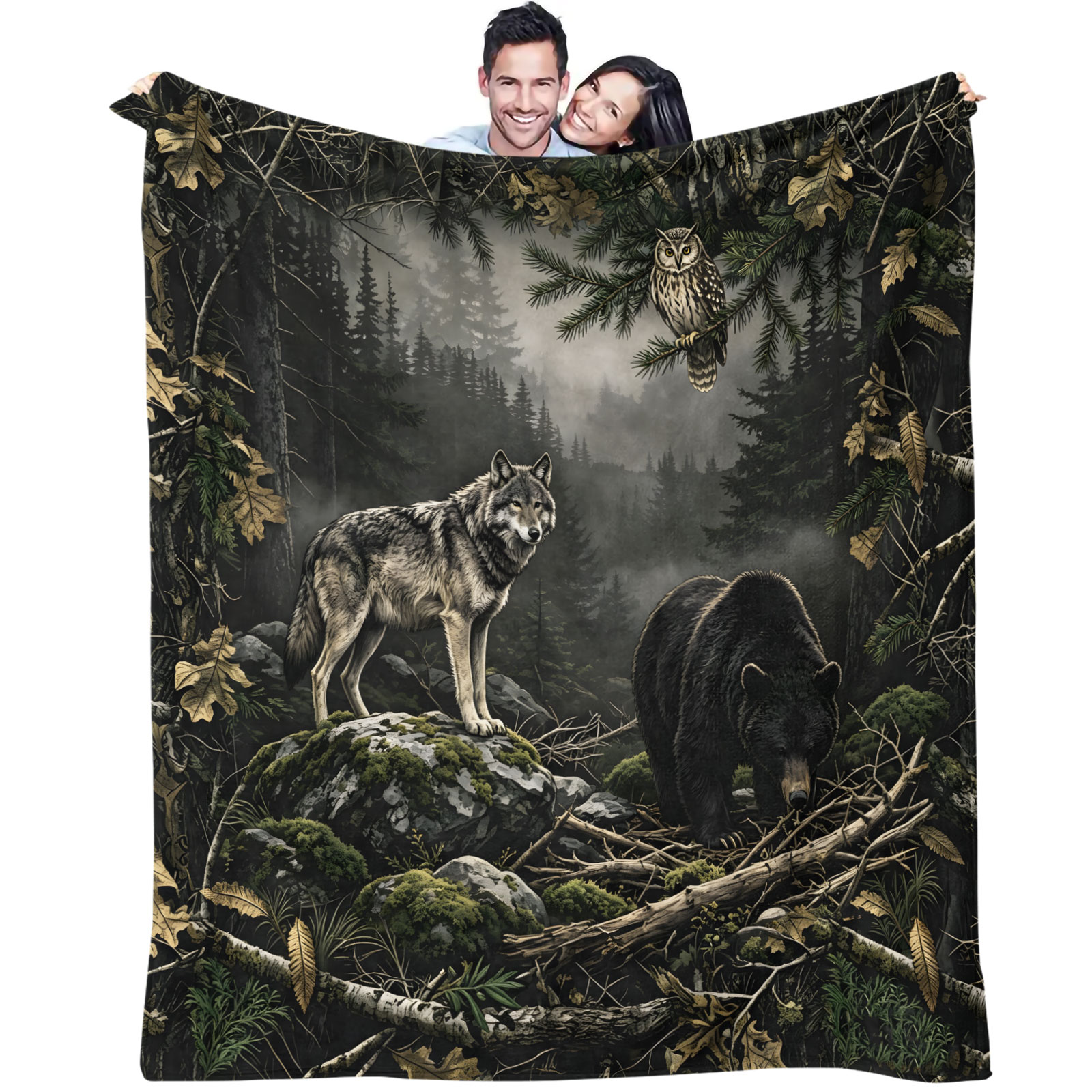 Hunting And Camping In Forest - Koc Flanelowy z Motywem Lasu, Wilka,